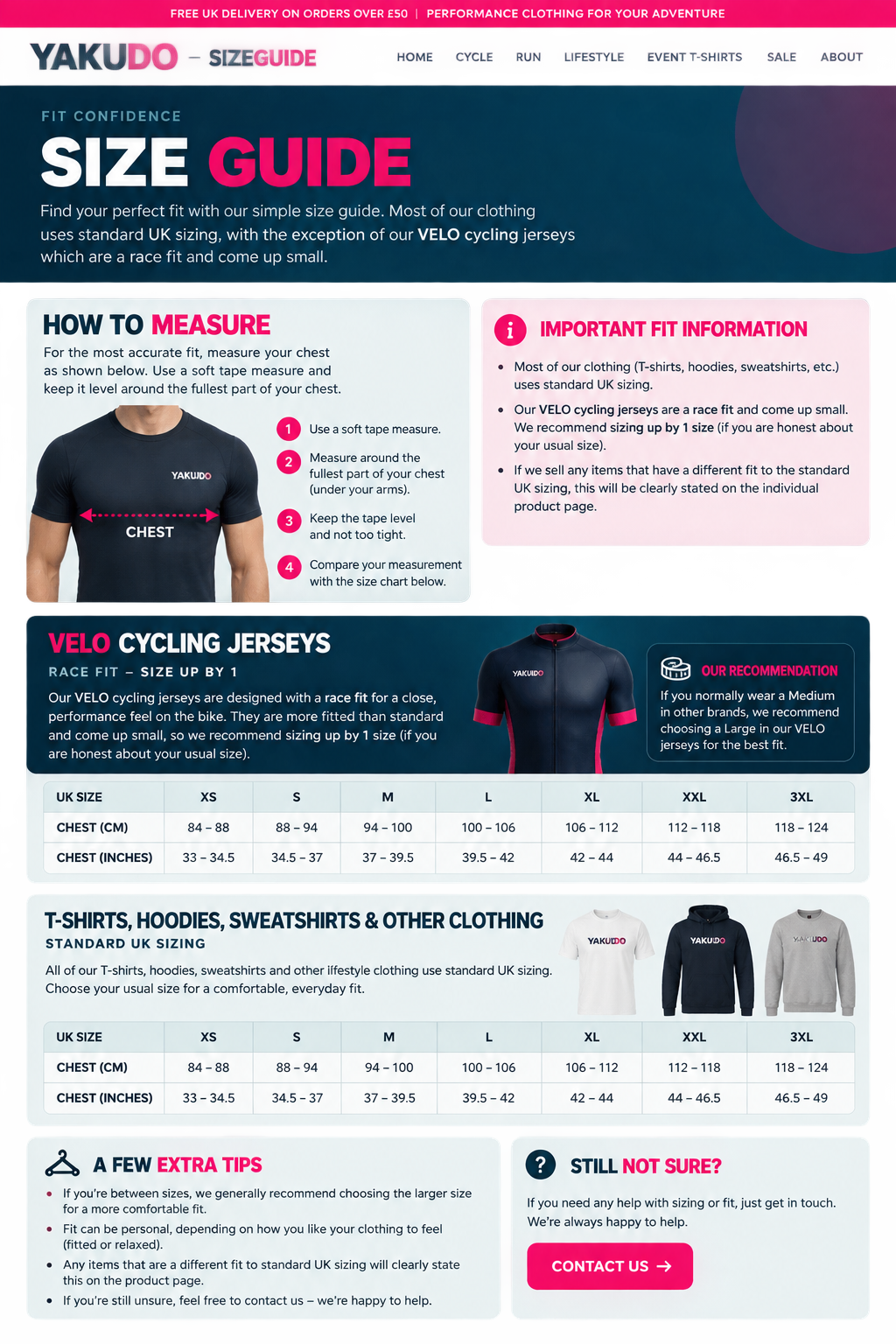 YAKUDO chest measurement and clothing size guide